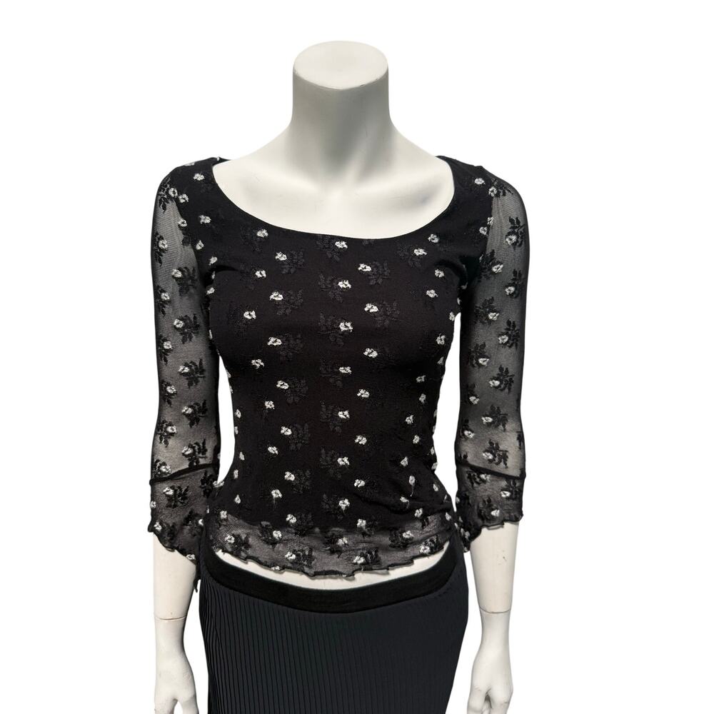 Vintage y2K MCM Mesh Shirt Women's Small Black Floral Lettuce Hem Sheer Arms